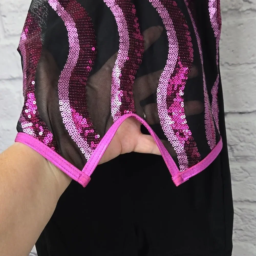 Girls Weissman Pink Sequin Halter Biketard Sleeveless Mesh Leotard Dance Costume